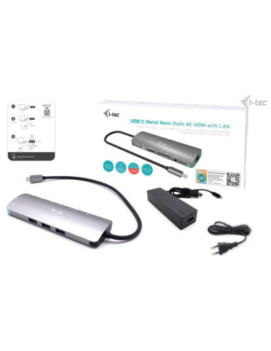i-tec USB-C Metal Nano Docking Station 4K HDMI LAN with Power Delivery 100W + Universal Charger 100W
