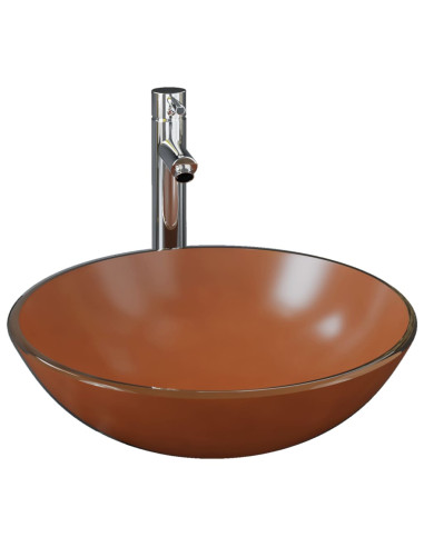 Lavandino con Rubinetto e Piletta in Vetro Temperato Marrone