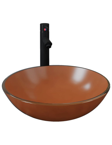 Lavandino con Rubinetto e Piletta in Vetro Temperato Marrone
