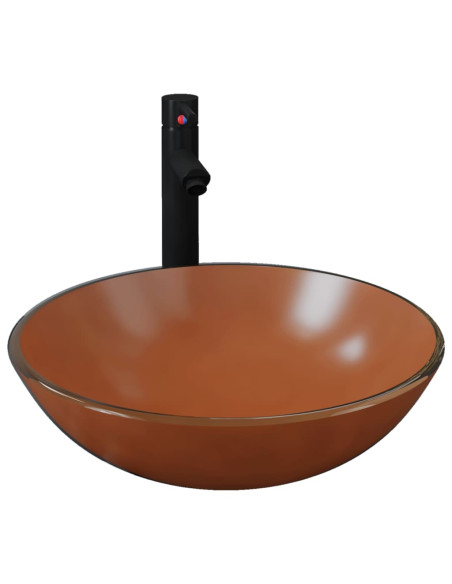 Lavandino con Rubinetto e Piletta in Vetro Temperato Marrone