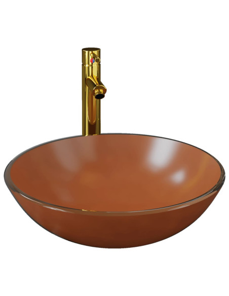 Lavandino con Rubinetto e Piletta in Vetro Temperato Marrone