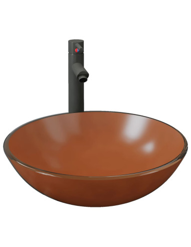 Lavandino con Rubinetto e Piletta in Vetro Temperato Marrone