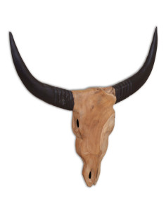 Scultura Teschio di Toro da Parete in Teak 69x6x60 cm