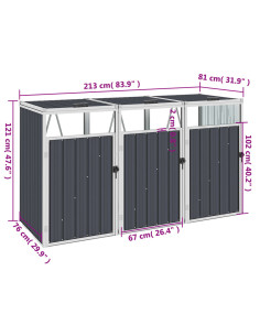 Copri Bidone Rifiuti Triplo Antracite 213x81x121 cm in Acciaio