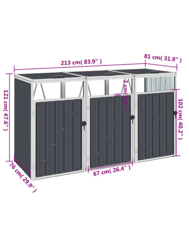 Copri Bidone Rifiuti Triplo Antracite 213x81x121 cm in Acciaio