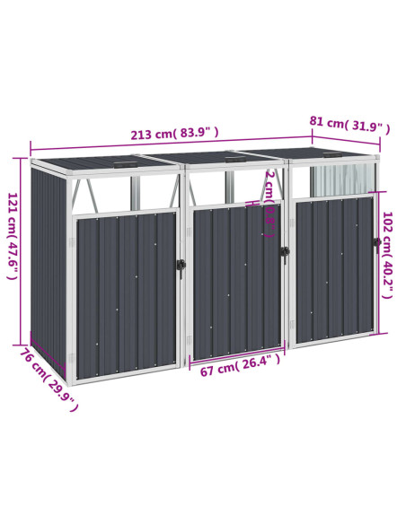 Copri Bidone Rifiuti Triplo Antracite 213x81x121 cm in Acciaio