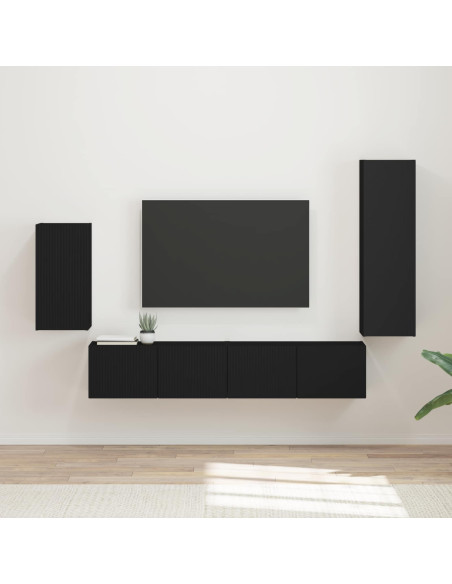 Set mobile TV Montaggio a parete 4 pcs Nero Legno multistrato