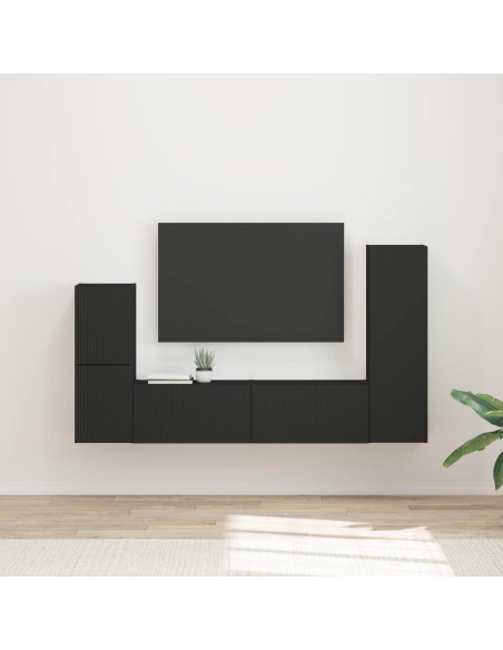 Set mobile TV Montaggio a parete 4 pcs Nero Legno multistrato
