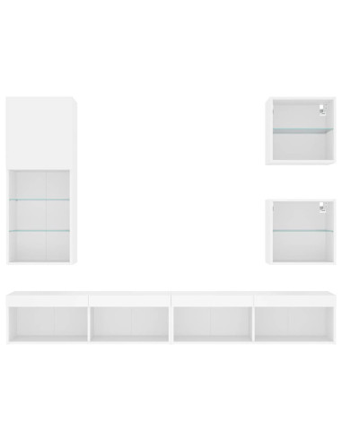 Mobili TV a Muro con LED 5pz Bianchi in Legno Multistrato