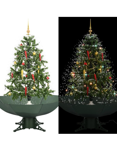 Albero di Natale con Neve e Base a Ombrellone Verde 140 cm