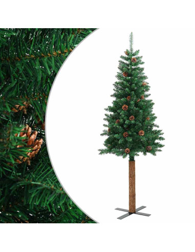 Albero di Natale Sottile con Legno Vero e Pigne Verde 150cm PVC