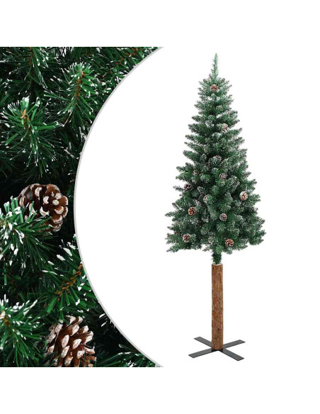 Albero di Natale Sottile con Legno Vero e Neve Verde 150 cm