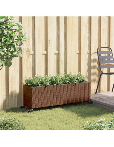 Fioriera con Ruote e 3 Vasi Marrone 107x32x38 cm in Polyrattan