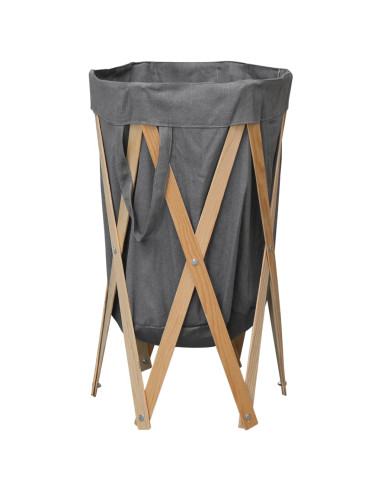 Cesto della Biancheria Pieghevole Grigio Legno e Tessuto