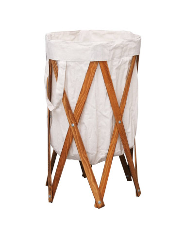 Cesto della Biancheria Pieghevole Crema Legno e Tessuto