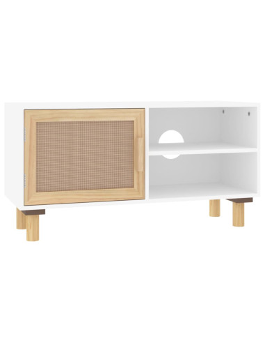 Mobile TV Bianco 80x30x40 cm Massello Pino e Rattan Naturale