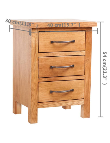 Comodino con 3 Cassetti 40x30x54 cm in Legno Massello di Rovere