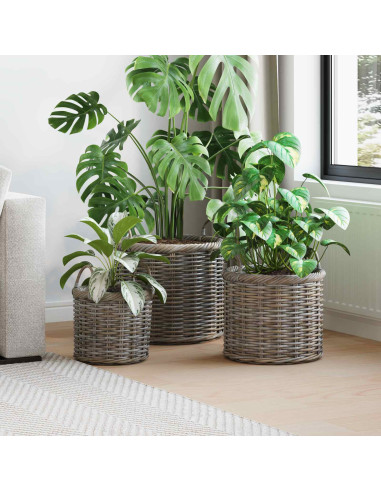 Cesto per Piante con archiviazione 3 pcs Grigio Rattan Kubu