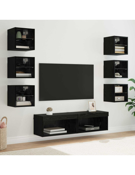 Mobile TV con luci a strisce a LED 8 pcs Rovere Nero Vetro