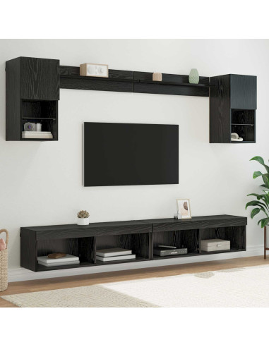 Unità a muro per TV con LED 6 pcs Rovere Nero Legno multistrato