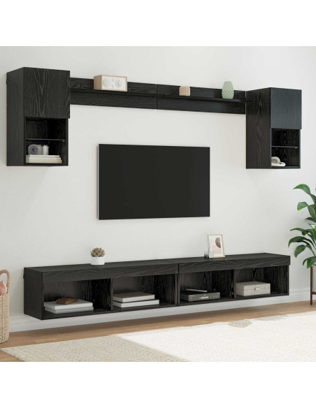 Unità a muro per TV con LED 6 pcs Rovere Nero Legno multistrato