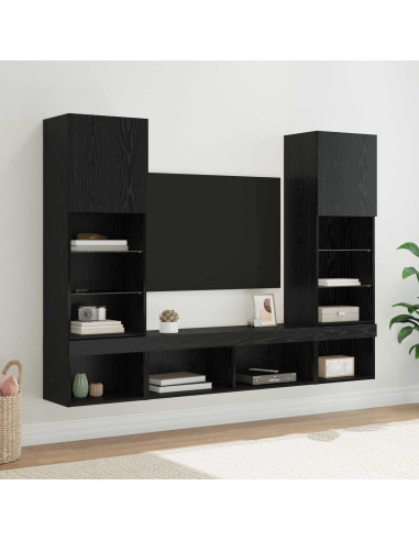 Unità a muro per TV con LED 5 pcs Rovere Nero Legno multistrato
