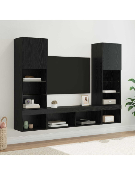 Unità a muro per TV con LED 5 pcs Rovere Nero Legno multistrato