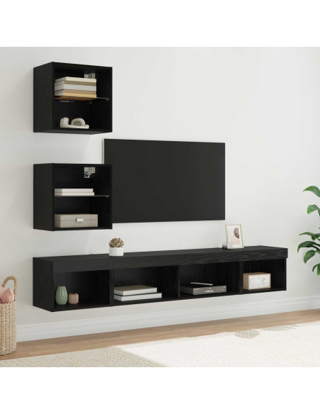 Unità a muro per TV con LED 5 pcs Rovere Nero Legno multistrato