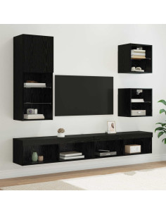 Unità a muro per TV con LED 5 pcs Rovere Nero Legno multistrato