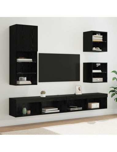 Unità a muro per TV con LED 5 pcs Rovere Nero Legno multistrato