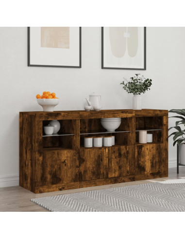 Credenza con Luci LED Rovere Fumo 142,5x37x67 cm