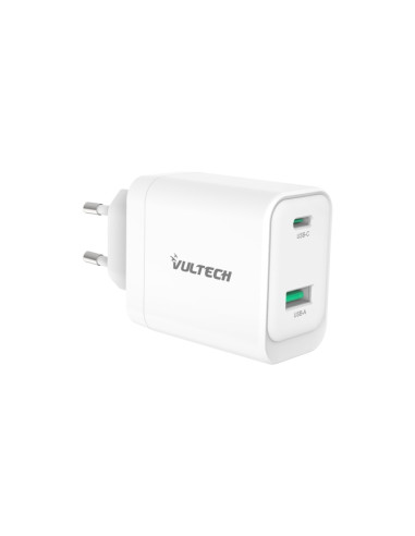 VULTECH CARICATORE ADATTATORE UNIVERSALE, 1 X TYPE-C, 1 X USB PD45 GAN PPS 45W QC3.0, BIANCO COMPATT