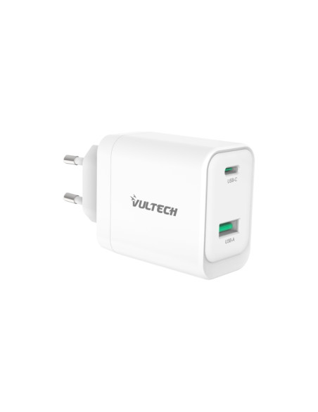 VULTECH CARICATORE ADATTATORE UNIVERSALE, 1 X TYPE-C, 1 X USB PD45 GAN PPS 45W QC3.0, BIANCO COMPATT