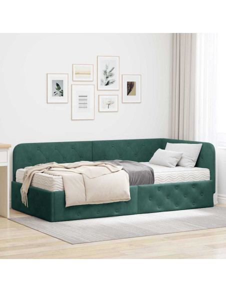 Cornice del letto ad angolo Verde Scuro 90 x 200 cm Velluto