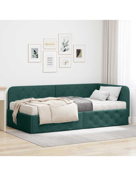 Cornice del letto ad angolo Verde Scuro 90 x 190 cm Tessuto