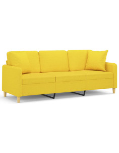 Divano a 3 Posti con Cuscini Giallo Chiaro 180 cm in Tessuto