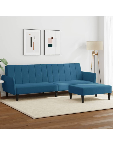 Divano Letto 2 Posti con Poggiapiedi Blu in Velluto