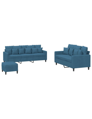 Set di Divani 3 pz con Cuscini Blu in Velluto