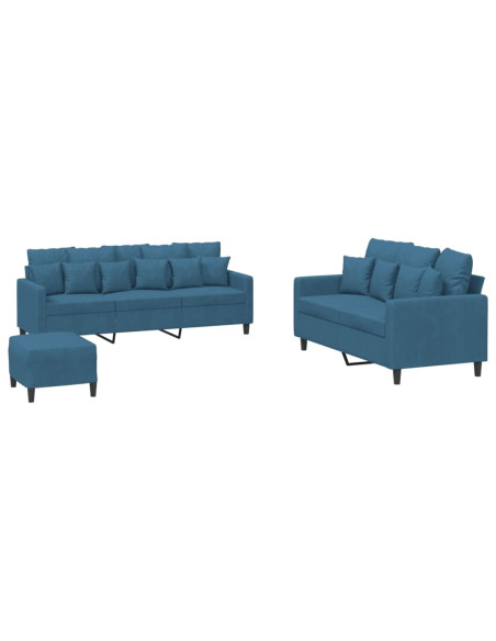 Set di Divani 3 pz con Cuscini Blu in Velluto
