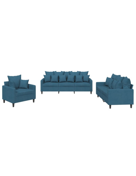 Set di Divani 3 pz con Cuscini Blu in Velluto