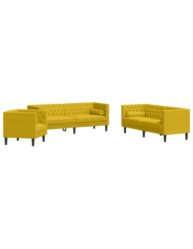 Set Divani Chesterfield 3pz con Cuscini Giallo Velluto