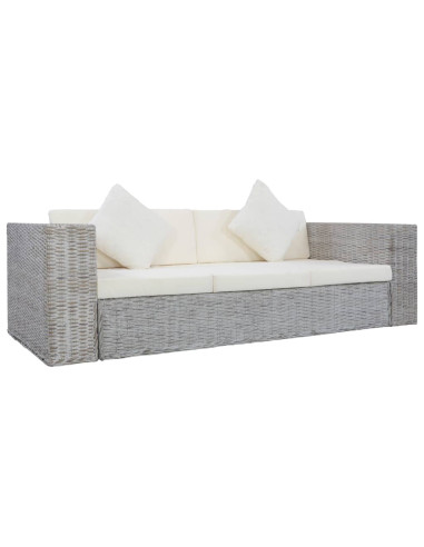 Divano a 3 Posti con Cuscini Grigio in Rattan Naturale