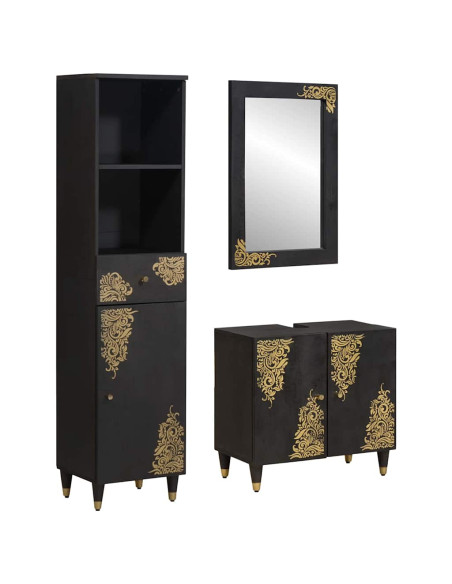Set di Armadi da Bagno 3 pcs Nero Legno di mango massello