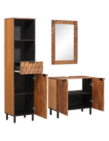 Set da Bagno con cassetto con porta 3 pcs Acacia Marrone Winish