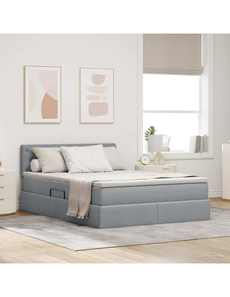 Letto con contenitore e LED Grigio chiaro 140 x 200 cm Tessuto