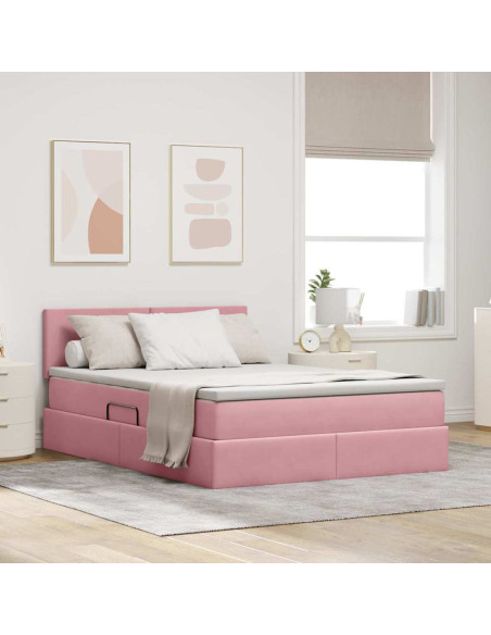 Letto con contenitore e LED con led Rosa 140 x 200 cm Velluto