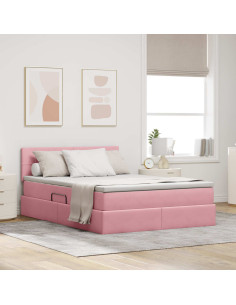 Letto con contenitore e LED con led Rosa 140 x 190 cm Velluto