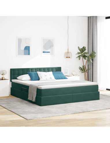 Letto con contenitore e LED Verde Scuro 160 x 200 cm Velluto
