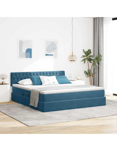 Letto con contenitore e LED Blu Scuro 160 x 200 cm Velluto