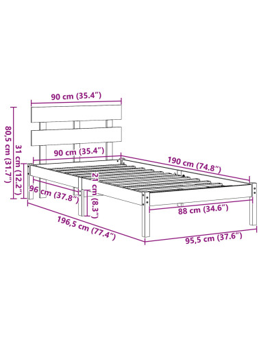 Struttura del letto Marrone 90 x 190 cm Legno massello di pino